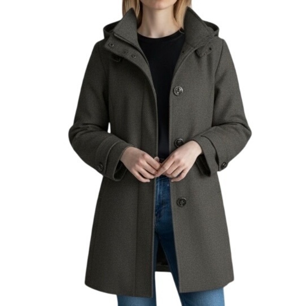 Kenneth Cole Women's Gray Kenneth Cole Hooded Wool Blend Classic Pea Coat Sz  8P